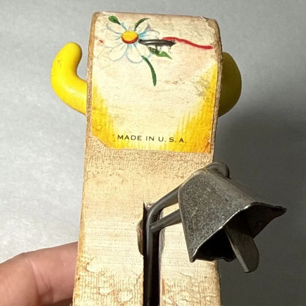 Fisher Price Vintage 1960s Bossy Bell Wooden Cow Pull Toy Tail Spins Cow Bell